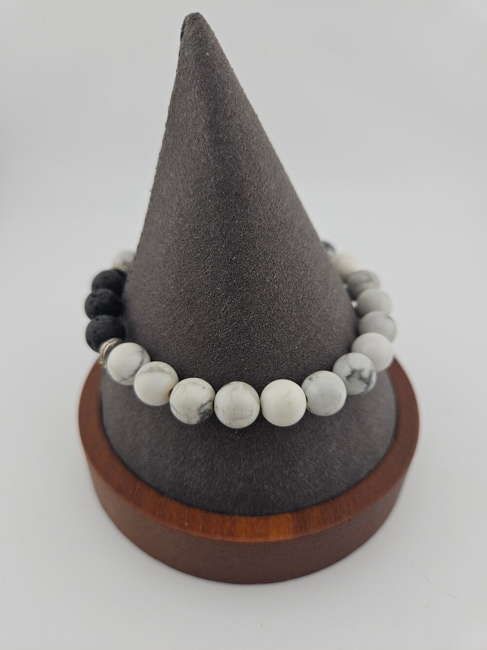 Gray Marble Look & Black Volcano Style Beaded Stretch Bracelet Neutral Stackable